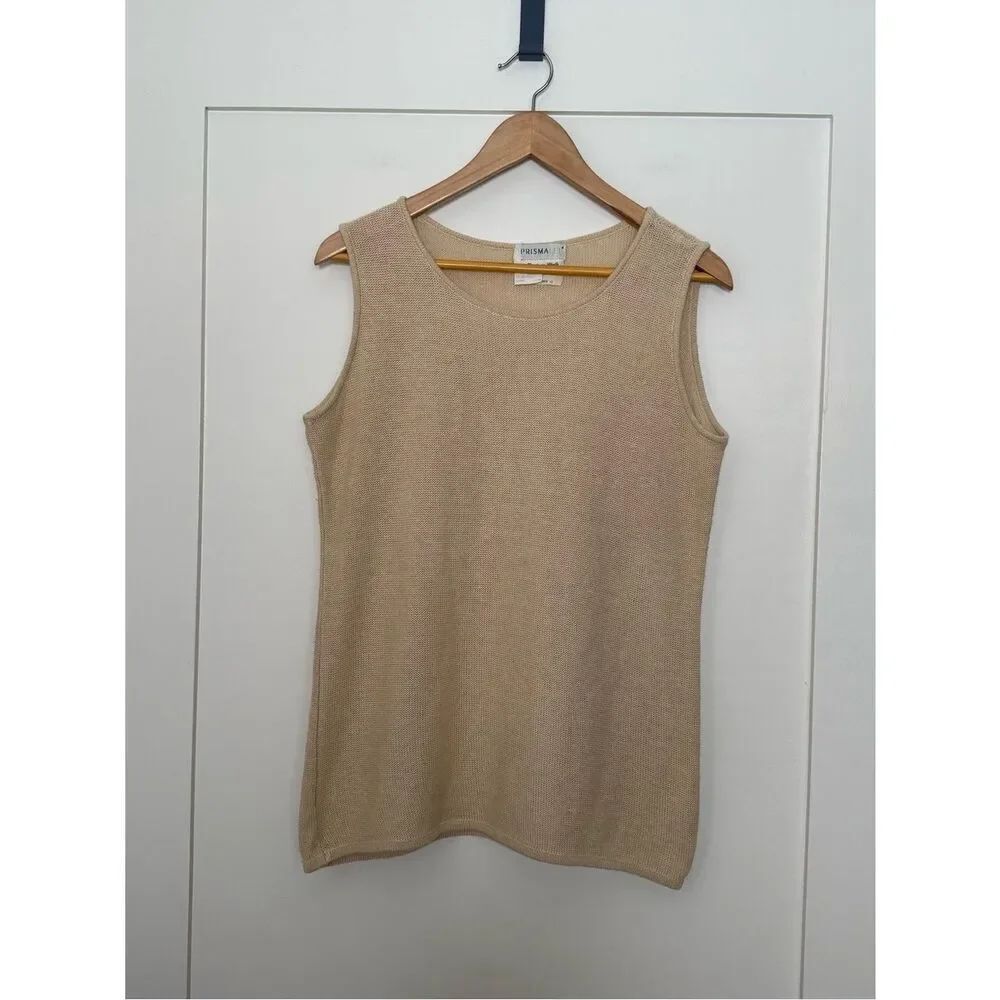 PRISMALEI Top Womens Sz L Tan Knit Sleeveless Linen Blend Italy Beach Resort